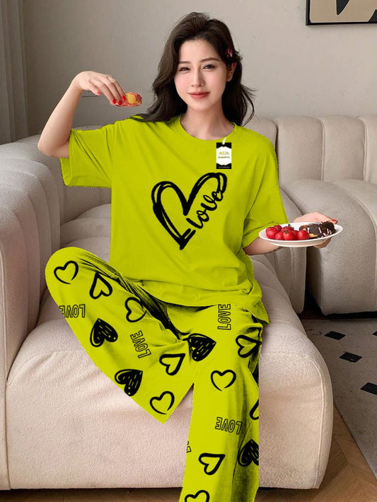 Light Green Love Heart Printed Nightwear Set With Love Heart Printed Trousers – Women's Lounge Wear (011)