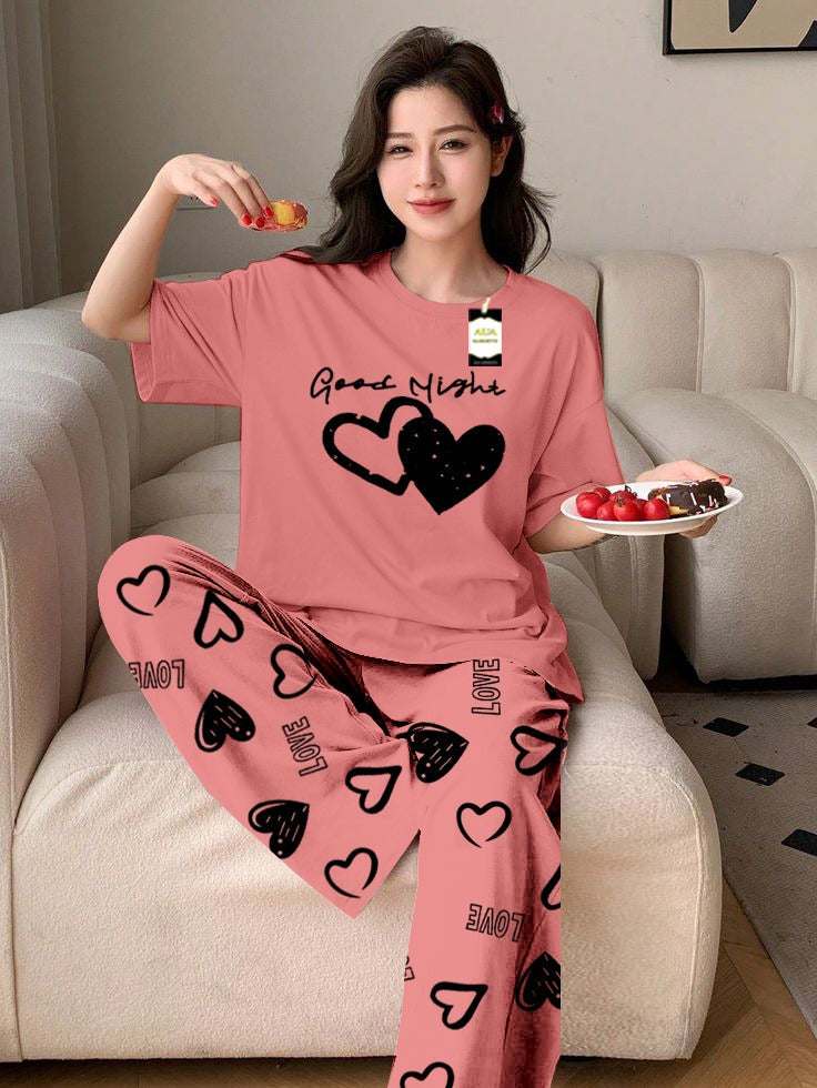 Peach Good Night Printed Nightwear Set With Love Heart Printed Trousers – Women's Lounge Wear (011)