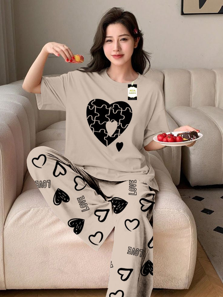 GREY PUZZEL HEART Printed Nightwear Set With Love Heart Printed Trousers – Women's Lounge Wear (011)