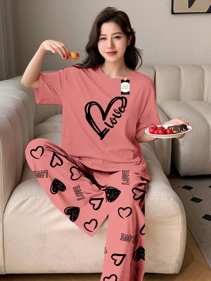 PEACH LOVE HEART Printed Nightwear Set With Love Heart Printed Trousers – Women's Lounge Wear (011)