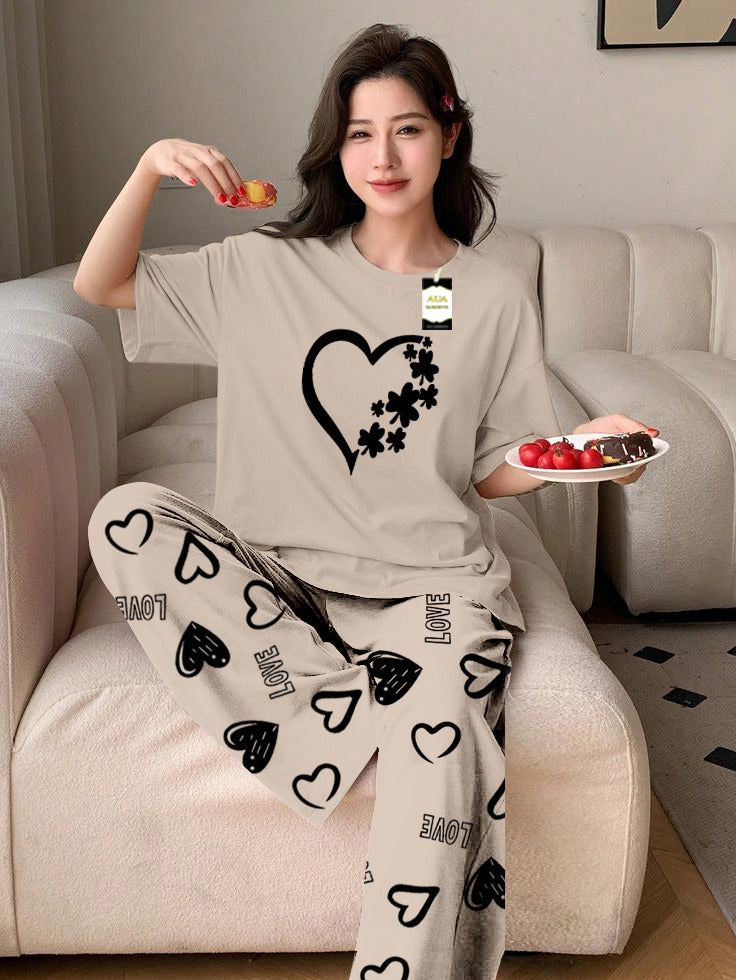 GREY WOMEN HEART Printed Nightwear Set With Love Heart Printed Trousers – Women's Lounge Wear (011)