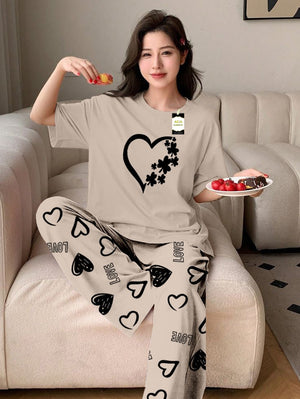 GREY WOMEN HEART Printed Nightwear Set With Love Heart Printed Trousers – Women's Lounge Wear (011)