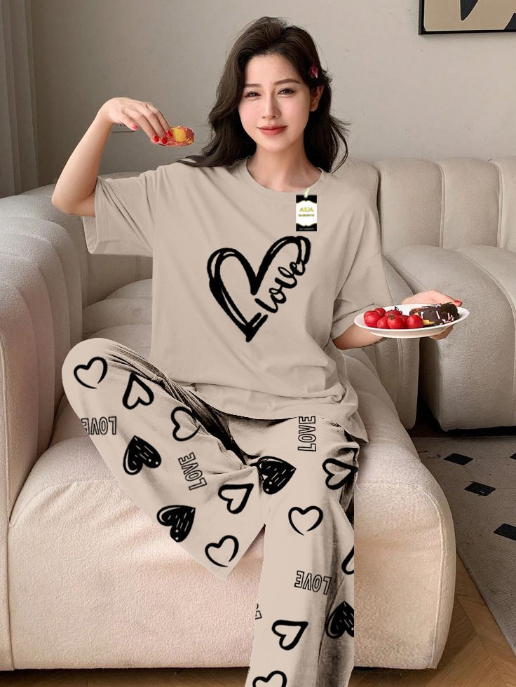 GREY LOVE HEART Printed Nightwear Set With Love Heart Printed Trousers – Women's Lounge Wear (011)
