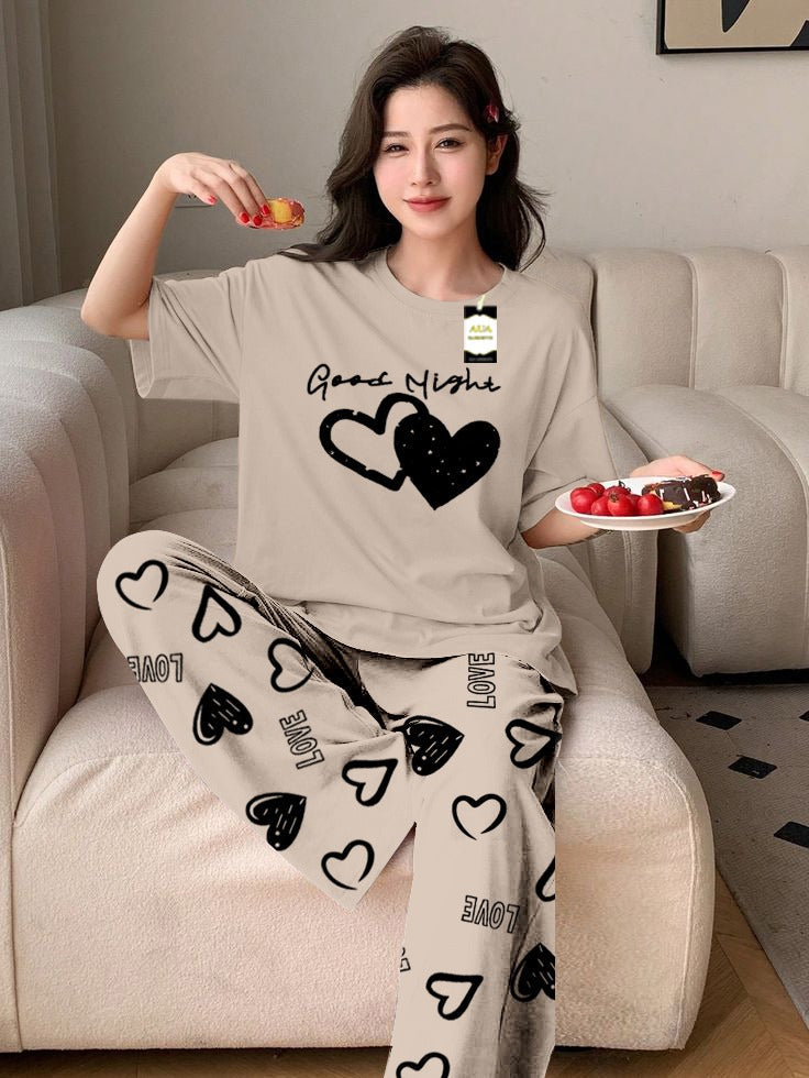 GREY GOOD NIGHT Printed Nightwear Set With Love Heart Printed Trousers – Women's Lounge Wear (011)