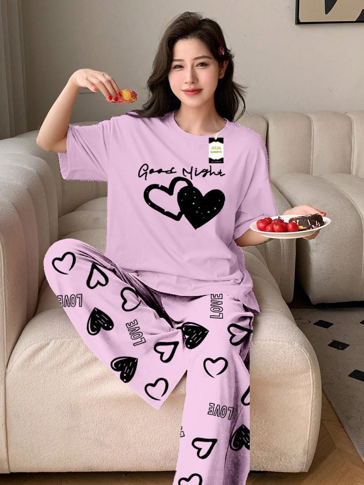 PURPLE GOOD NIGHT Printed Nightwear Set With Love Heart Printed Trousers – Women's Lounge Wear (011)