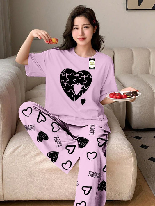 PURPLE PUZZEL HEART Printed Nightwear Set With Love Heart Printed Trousers – Women's Lounge Wear (011)