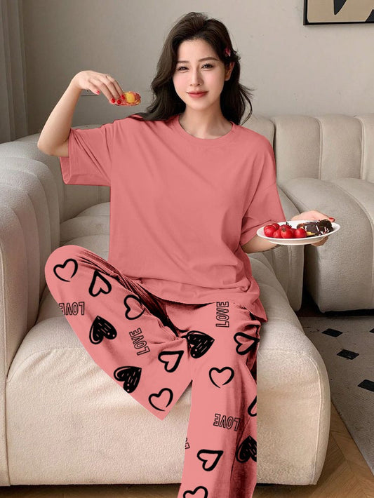PLAN PEACH Printed Nightwear Set With Love Heart Printed Trousers – Women's Lounge Wear (011)