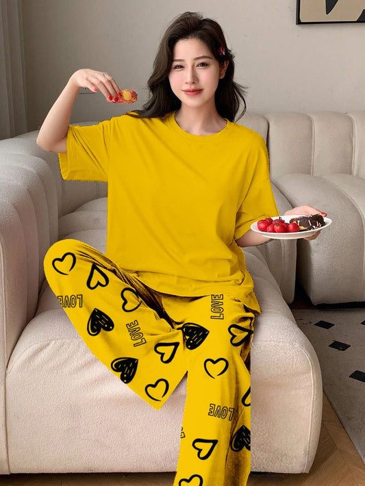 PLAN YELLOW Printed Nightwear Set With Love Heart Printed Trousers – Women's Lounge Wear (011)