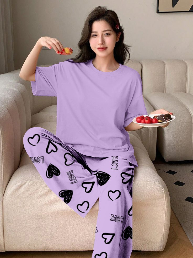 PLAN PURPLE Printed Nightwear Set With Love Heart Printed Trousers – Women's Lounge Wear (011)