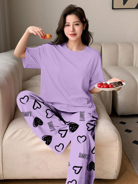 PLAN PURPLE Printed Nightwear Set With Love Heart Printed Trousers – Women's Lounge Wear (011)