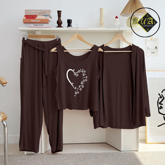 Brown Star Heart 3 Piece Lounge wear Nightwear Sleepwear For Women