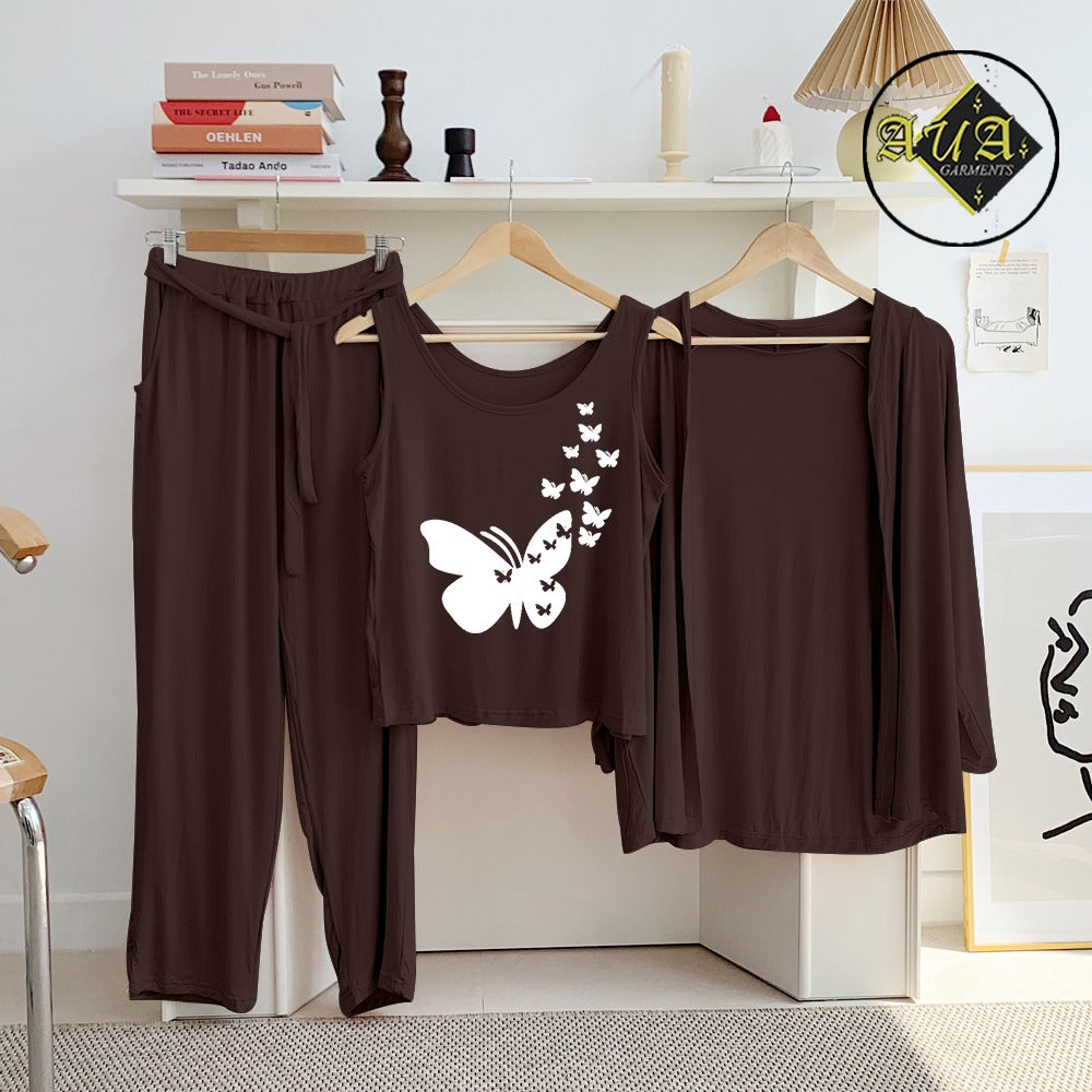 Brown Flying Butterfly 3 Piece Lounge wear Nightwear Sleepwear For Women
