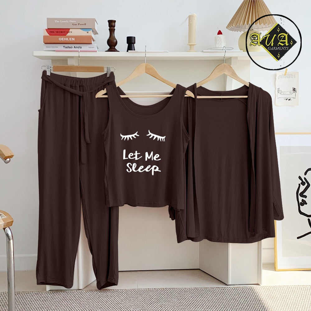 Brown Let me Sleep 3 Piece Lounge wear Nightwear Sleepwear For Women