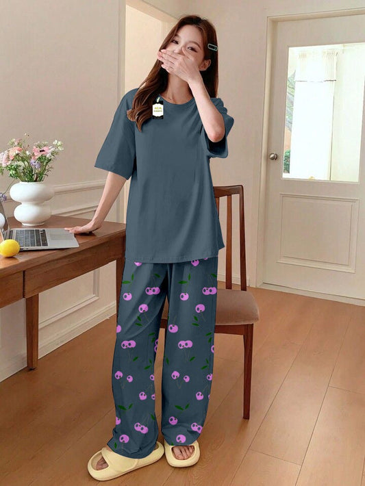 Plan Aqua Blue Printed Nightwear Set With Cherry Printed Trouser Printed Trousers – Women's Lounge Wear (014)
