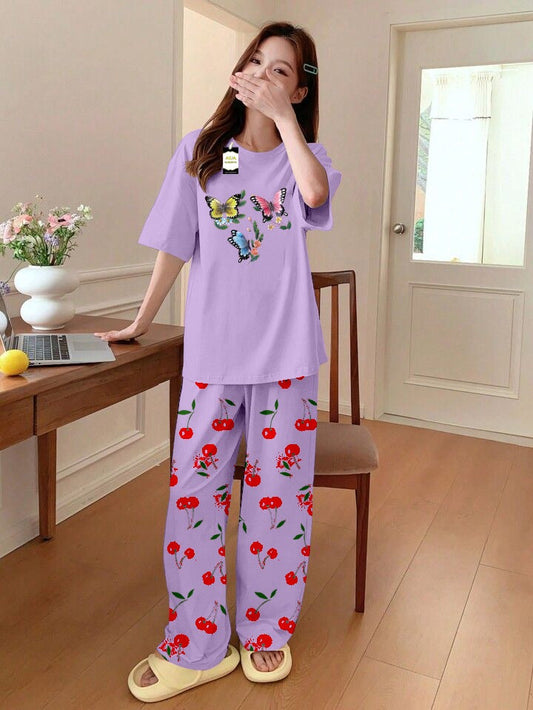 PURPLE MULTI BUTTERFLY Printed Nightwear Set With Cherry Printed Printed Trousers – Women's Lounge Wear (014)