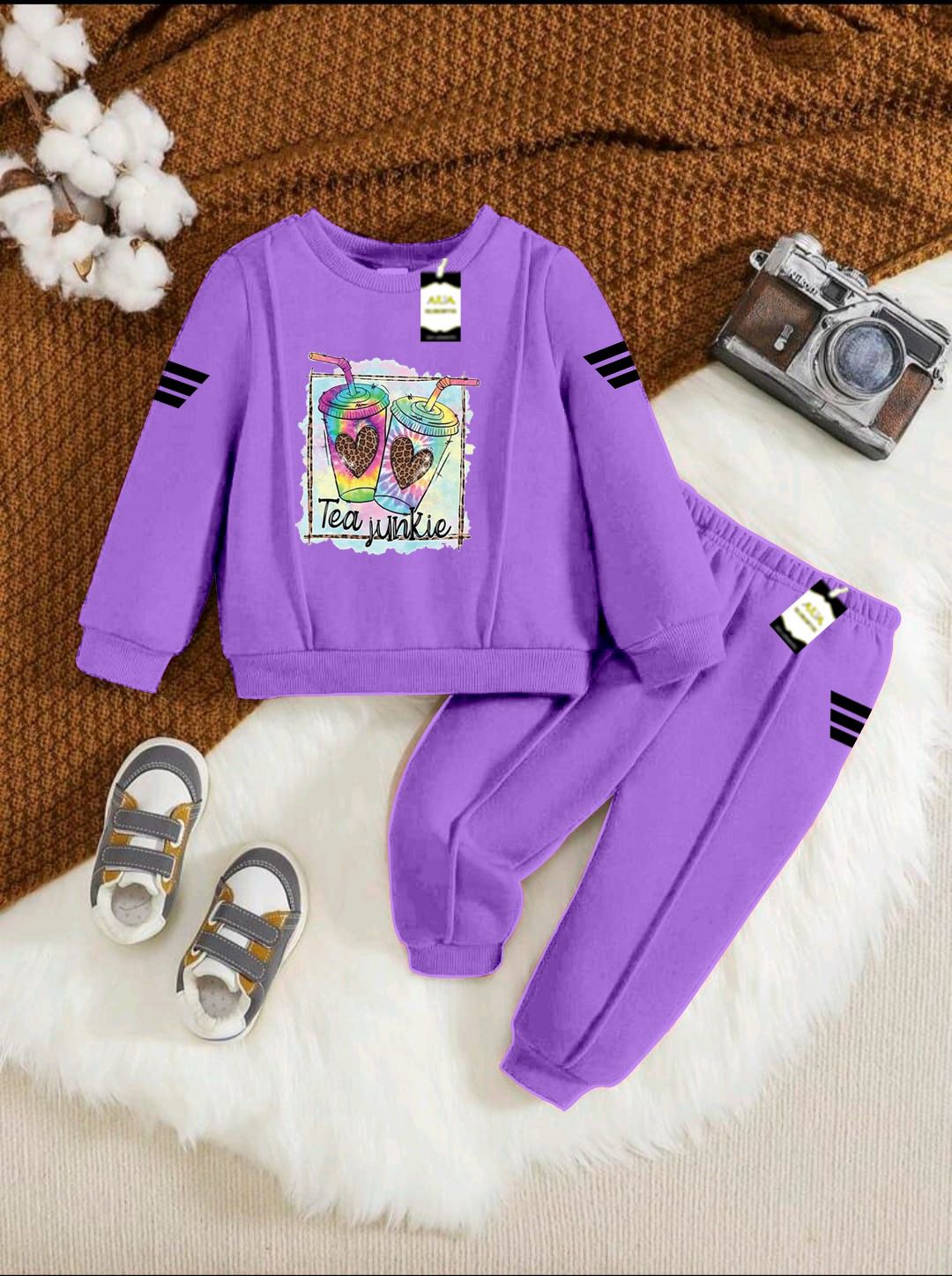 Girls Sweatshirt & Trouser Set | Kids Fleece Winter Outfit (1-10 Years) ( Tea Junkie Print )