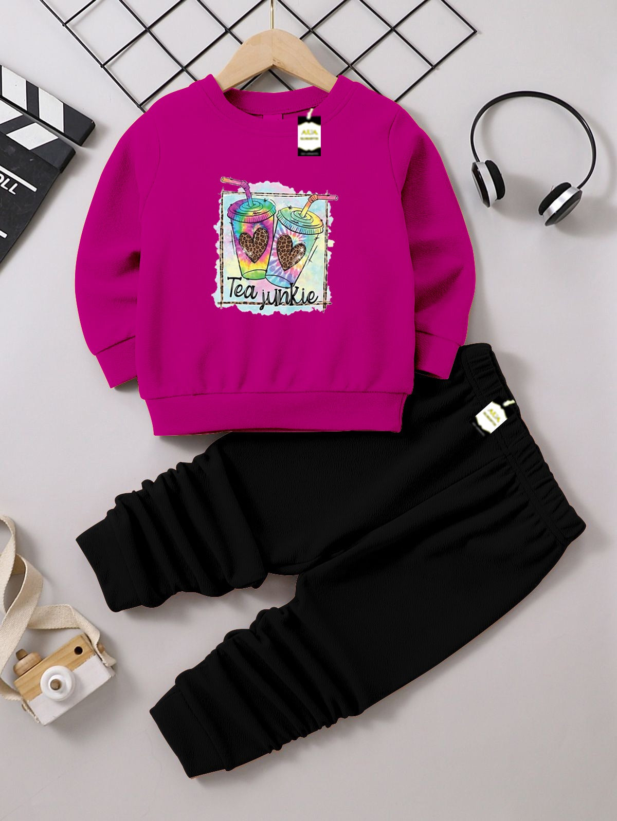 Girls Sweatshirt & Trouser Set | Kids Fleece Winter Outfit (1-10 Years) ( Tea Junkie Print )
