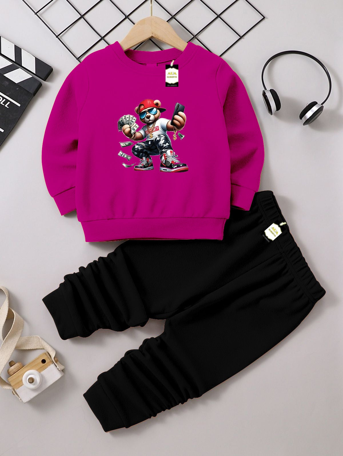 Boys Sweatshirt & Trouser Set | Kids Fleece Winter Outfit (1-10 Years) ( Rich Bear Print )