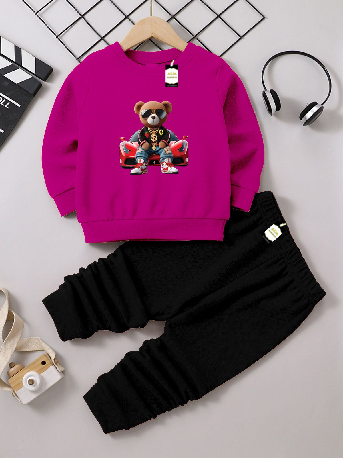 Boys Sweatshirt & Trouser Set | Kids Fleece Winter Outfit (1-10 Years) (Car With Bear)