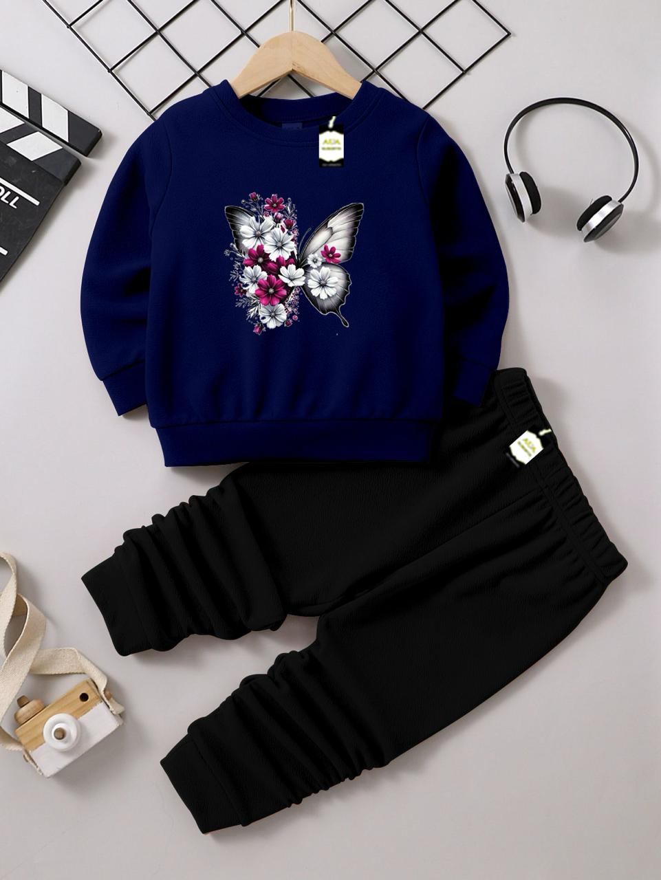 Girls Sweatshirt & Trouser Set | Kids Fleece Winter Outfit (1-10 Years) ( Butterfly Print )