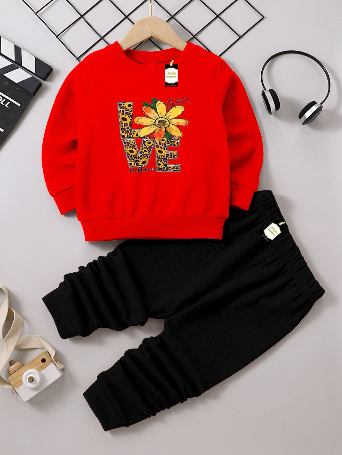 Girls Sweatshirt & Trouser Set | Kids Fleece Winter Outfit (1-10 Years) (Sunflower Love Print )