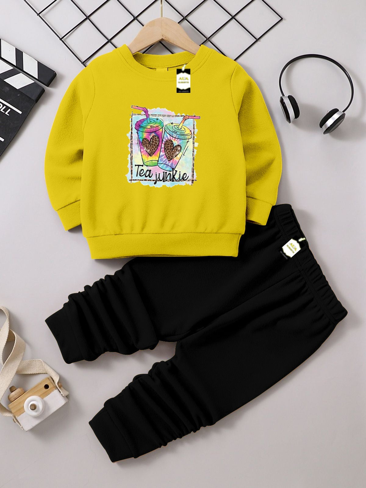 Girls Sweatshirt & Trouser Set | Kids Fleece Winter Outfit (1-10 Years) ( Tea Junkie Print )