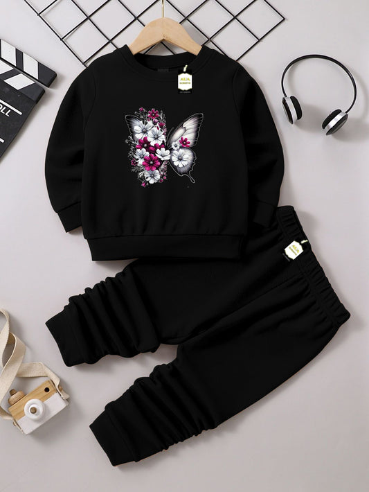 Girls Sweatshirt & Trouser Set | Kids Fleece Winter Outfit (1-10 Years) ( Butterfly Print )