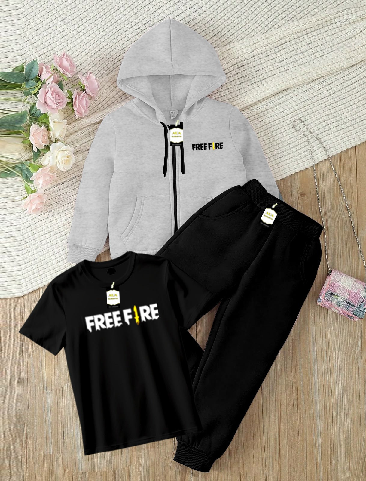 Kids Boys 3 Piece Fleece Tracksuit Set – Zipper With Hoodie, T-Shirt & Trouser ( FREE-FIRE Printed )