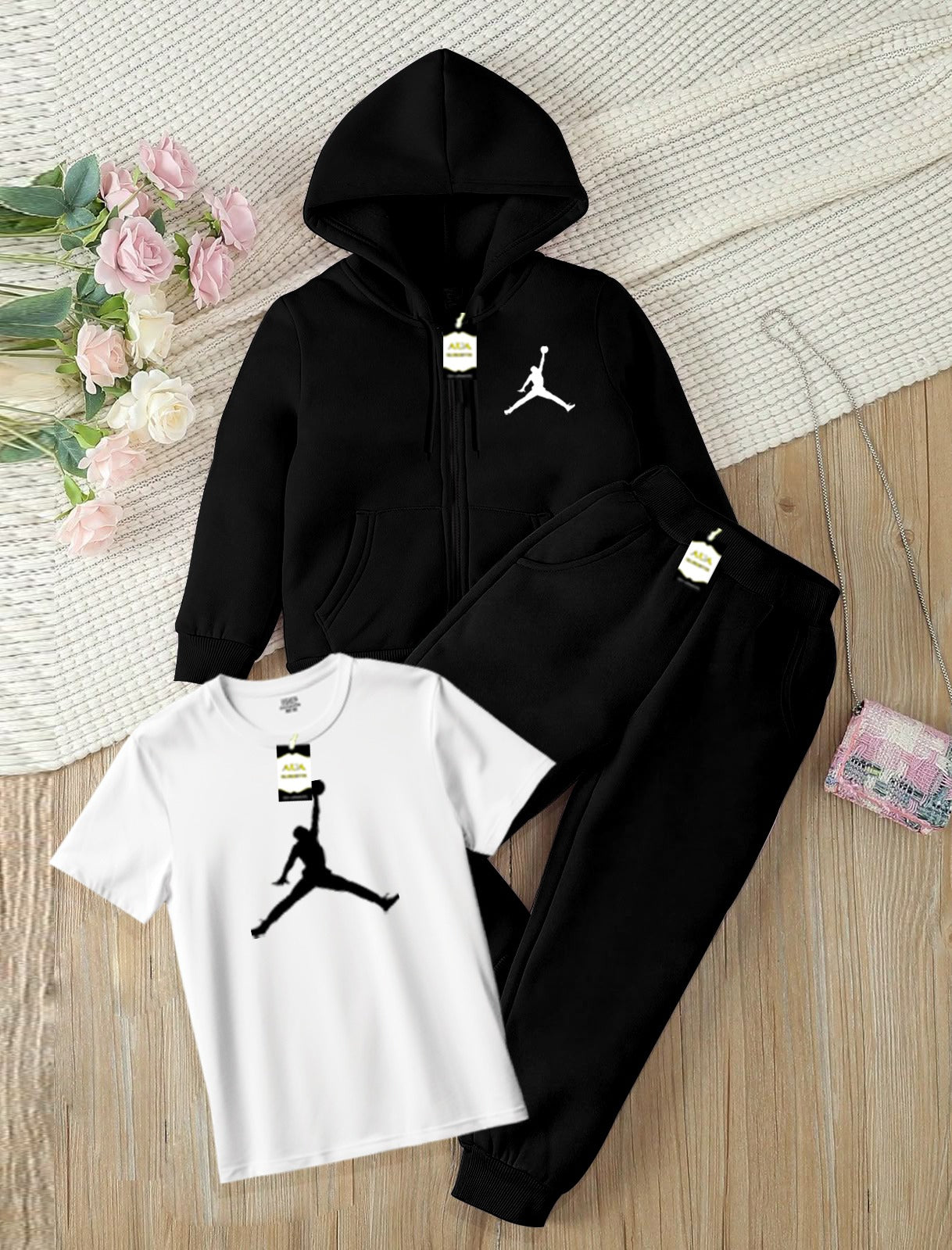 Kids Boys 3 Piece Fleece Tracksuit Set – Zipper With Hoodie, T-Shirt & Trouser ( JOR-DAN Printed )