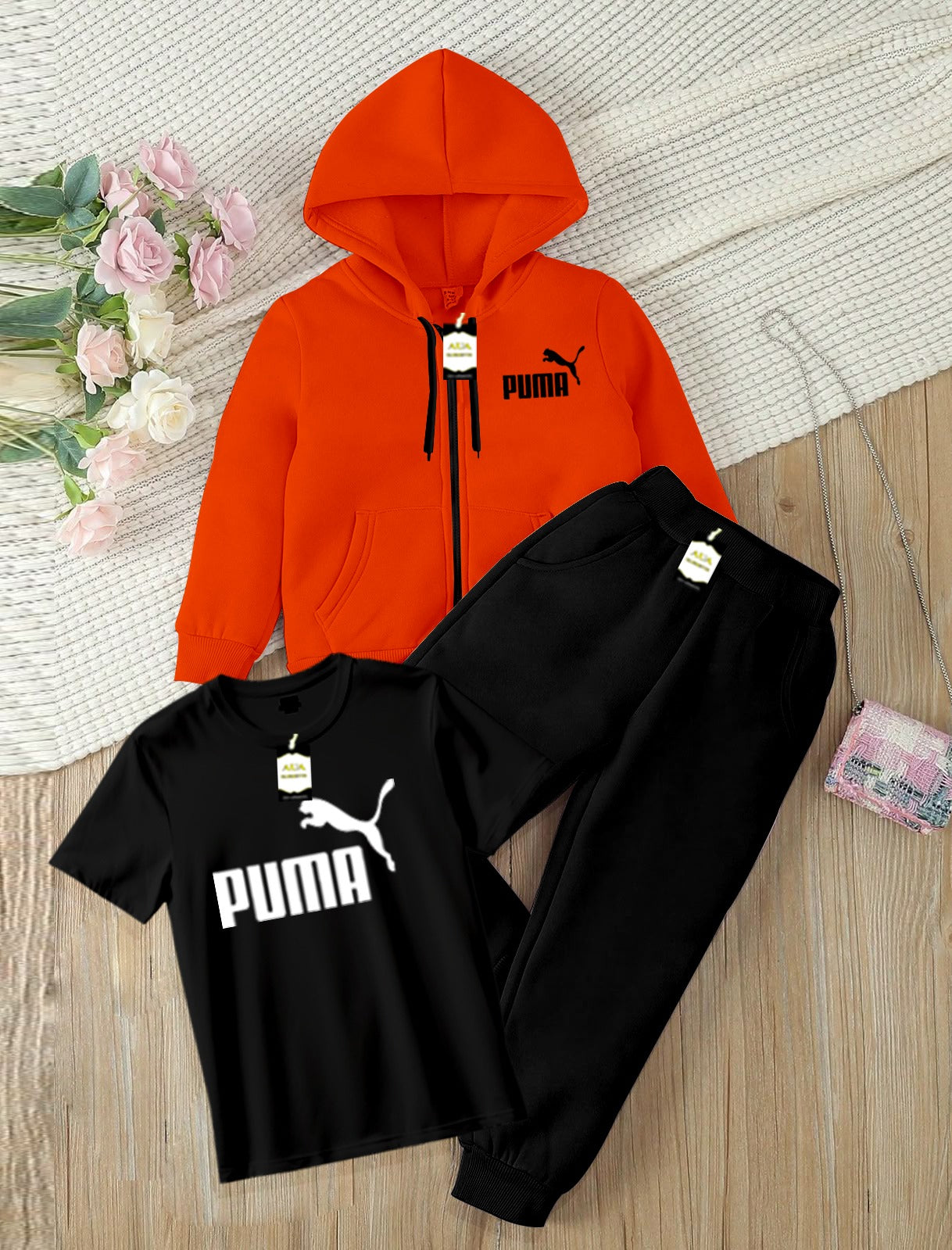 Kids Boys 3 Piece Fleece Tracksuit Set – Zipper With Hoodie, T-Shirt & Trouser ( PU-MA Printed )
