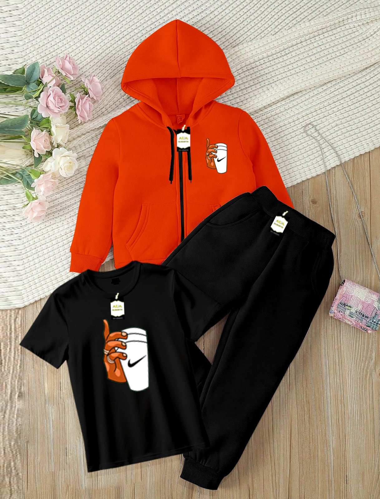 Kids Boys 3 Piece Fleece Tracksuit Set – Zipper With Hoodie, T-Shirt & Trouser ( Ni-ke Cup Printed )