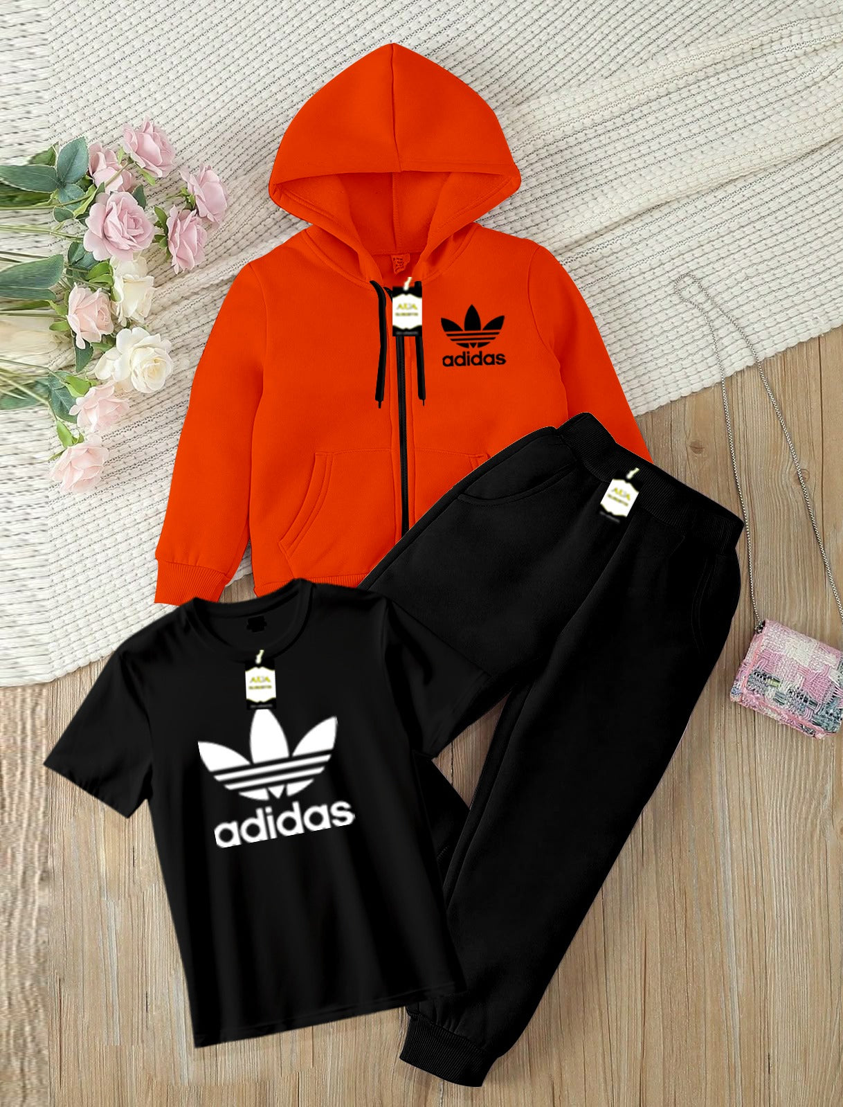 Kids Boys 3 Piece Fleece Tracksuit Set – Zipper With Hoodie, T-Shirt & Trouser ( ADI-DAS Printed )