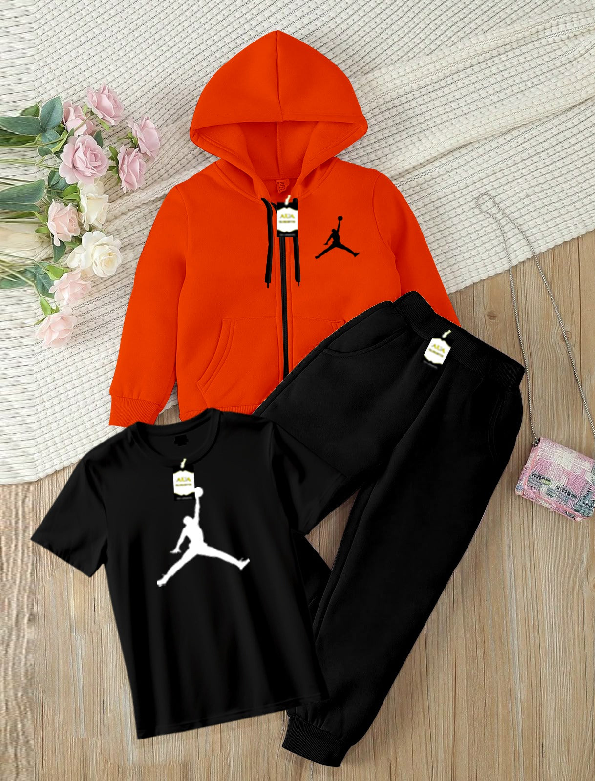 Kids Boys 3 Piece Fleece Tracksuit Set – Zipper With Hoodie, T-Shirt & Trouser ( JOR-DAN Printed )