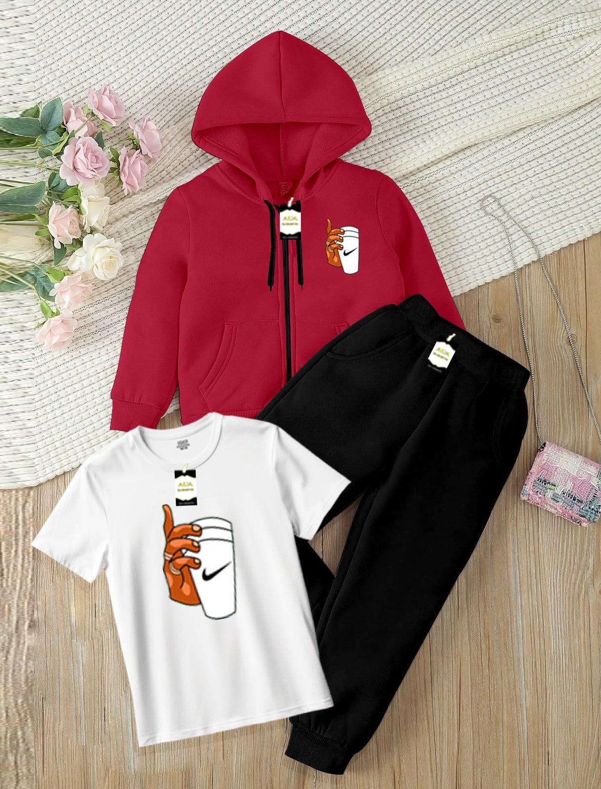 Kids Boys 3 Piece Fleece Tracksuit Set – Zipper With Hoodie, T-Shirt & Trouser ( Ni-ke Cup Printed )
