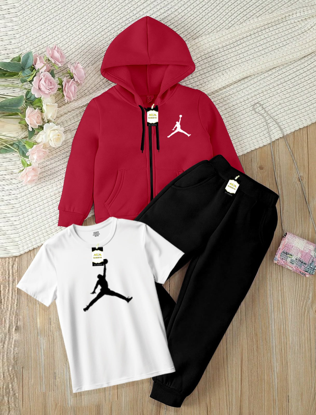 Kids Boys 3 Piece Fleece Tracksuit Set – Zipper With Hoodie, T-Shirt & Trouser ( JOR-DAN Printed )