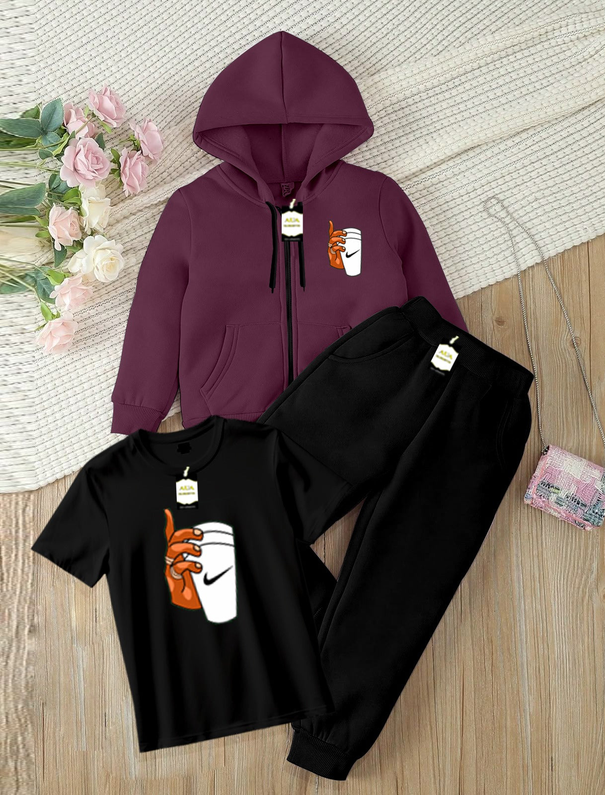 Kids Boys 3 Piece Fleece Tracksuit Set – Zipper With Hoodie, T-Shirt & Trouser ( Ni-ke Cup Printed )