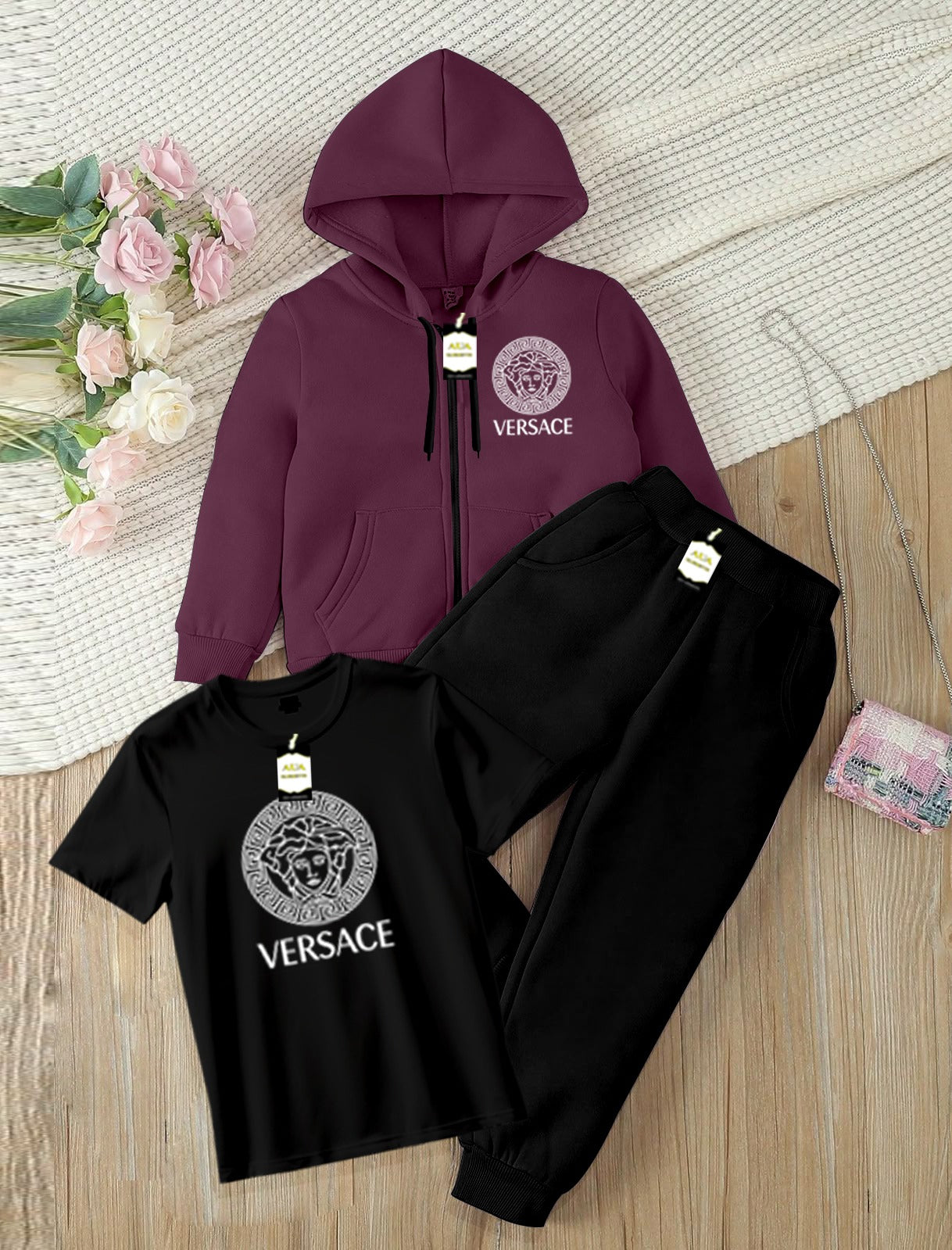 Kids Boys 3 Piece Fleece Tracksuit Set – Zipper With Hoodie, T-Shirt & Trouser ( VER-SACE Printed )