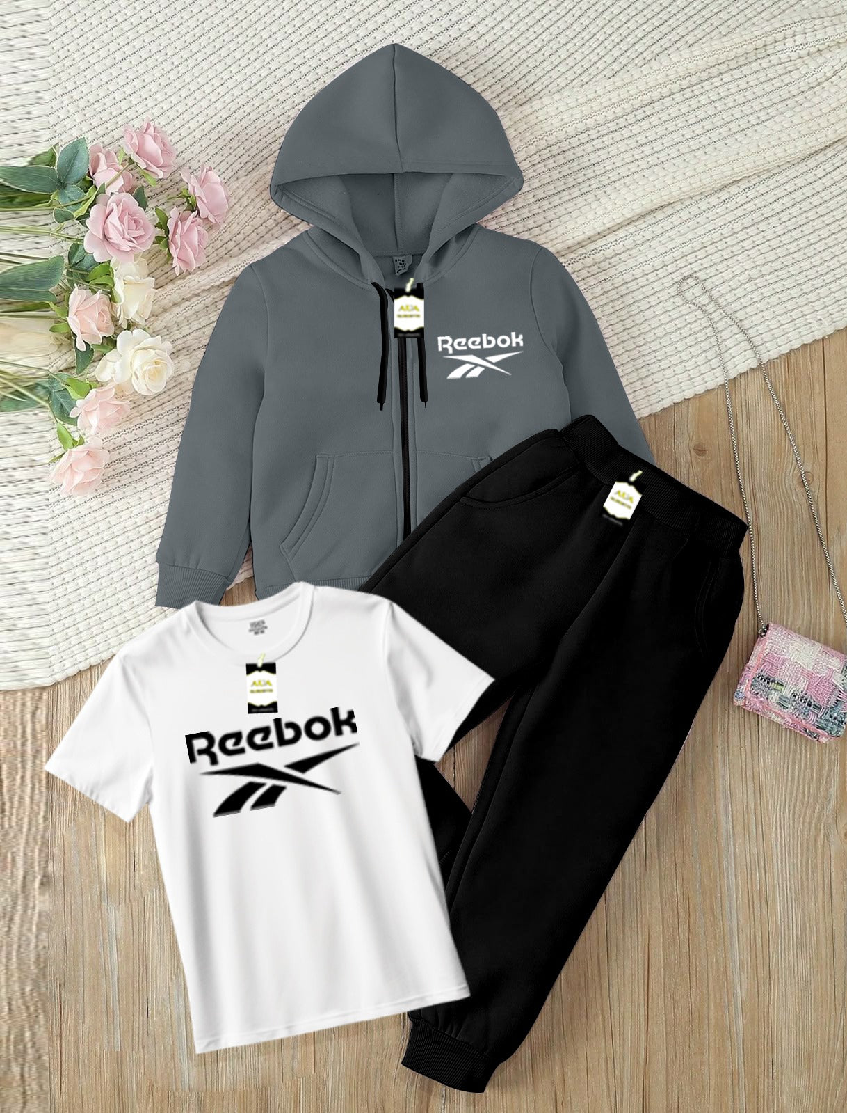 Kids Boys 3 Piece Fleece Tracksuit Set – Zipper With Hoodie, T-Shirt & Trouser ( REE-BOK Printed )