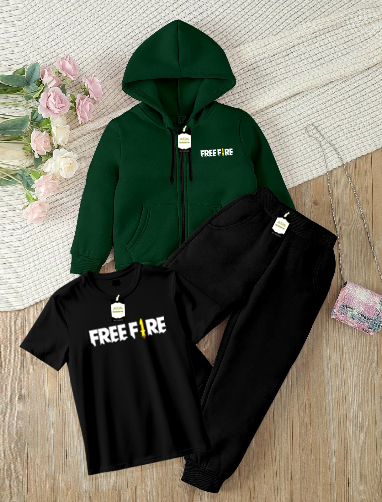 Kids Boys 3 Piece Fleece Tracksuit Set – Zipper With Hoodie, T-Shirt & Trouser ( FREE-FIRE Printed )
