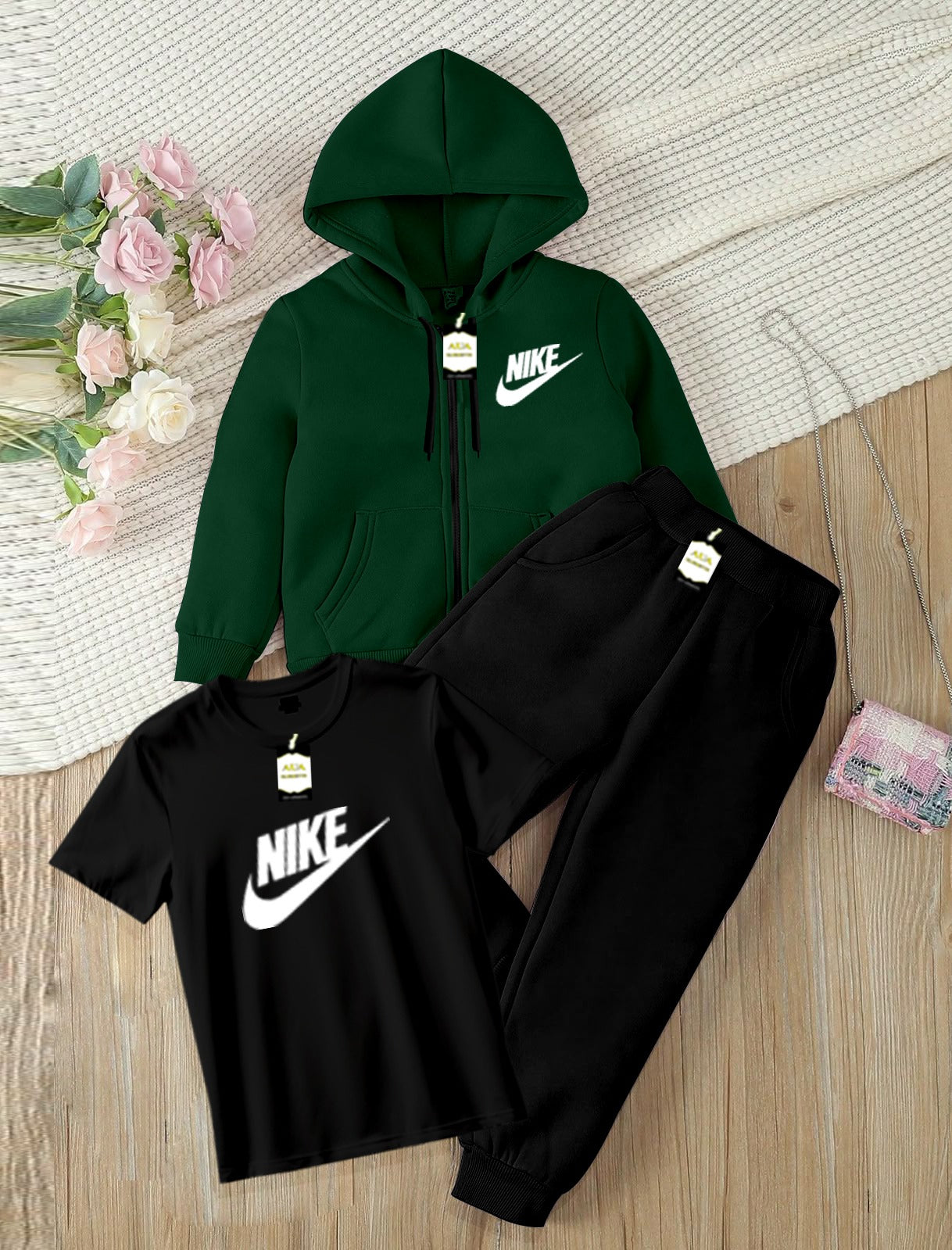 Kids Boys 3 Piece Fleece Tracksuit Set – Zipper With Hoodie, T-Shirt & Trouser ( Ni-ke Printed )