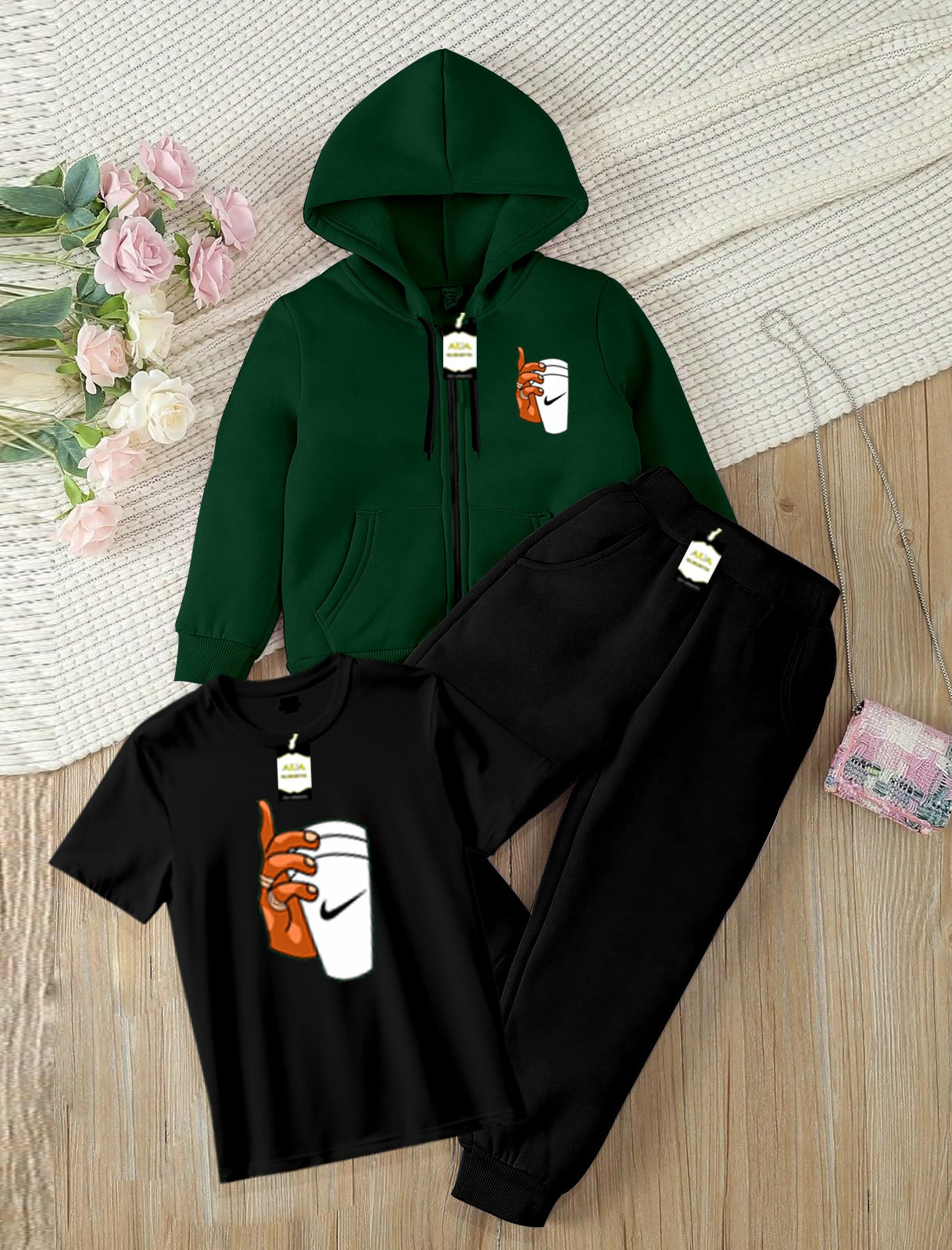 Kids Boys 3 Piece Fleece Tracksuit Set – Zipper With Hoodie, T-Shirt & Trouser ( Ni-ke Cup Printed )