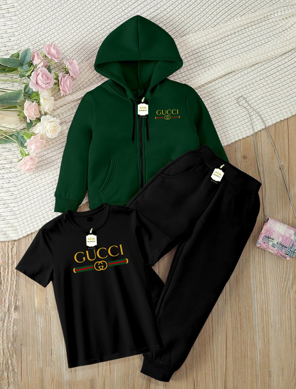 Kids Boys 3 Piece Fleece Tracksuit Set – Zipper With Hoodie, T-Shirt & Trouser ( Guc-ci Printed )