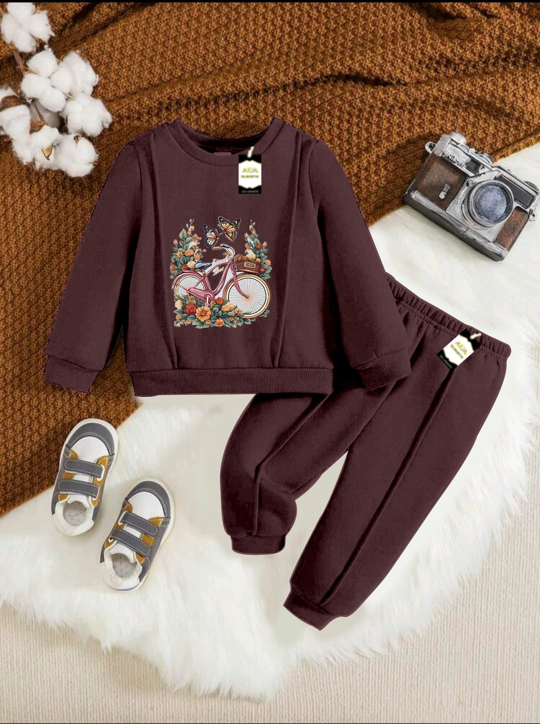 With Mix Print Sweatshirt & Trouser Set | Kids Fleece Winter Outfit For Girls (1-10 Years)Floral Bicycle Print