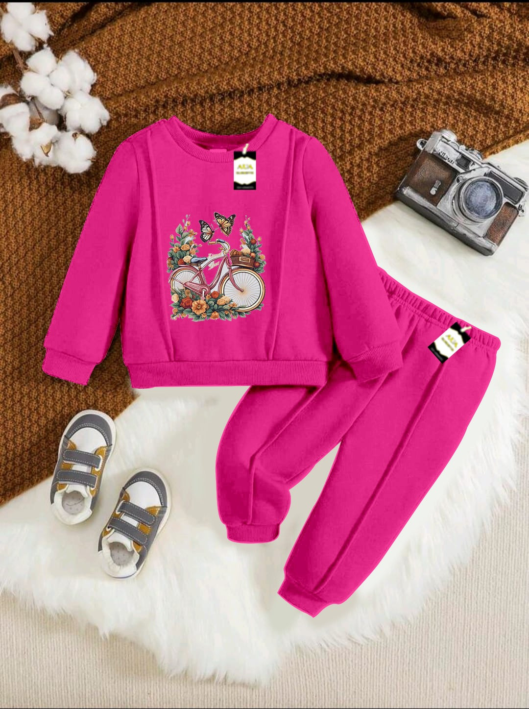 With Mix Print Sweatshirt & Trouser Set | Kids Fleece Winter Outfit For Girls (1-10 Years)Floral Bicycle Print