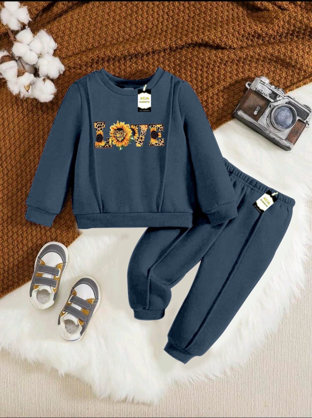 With Mix Print Sweatshirt & Trouser Set | Kids Fleece Winter Outfit For Girls (1-10 Years)Flower Love