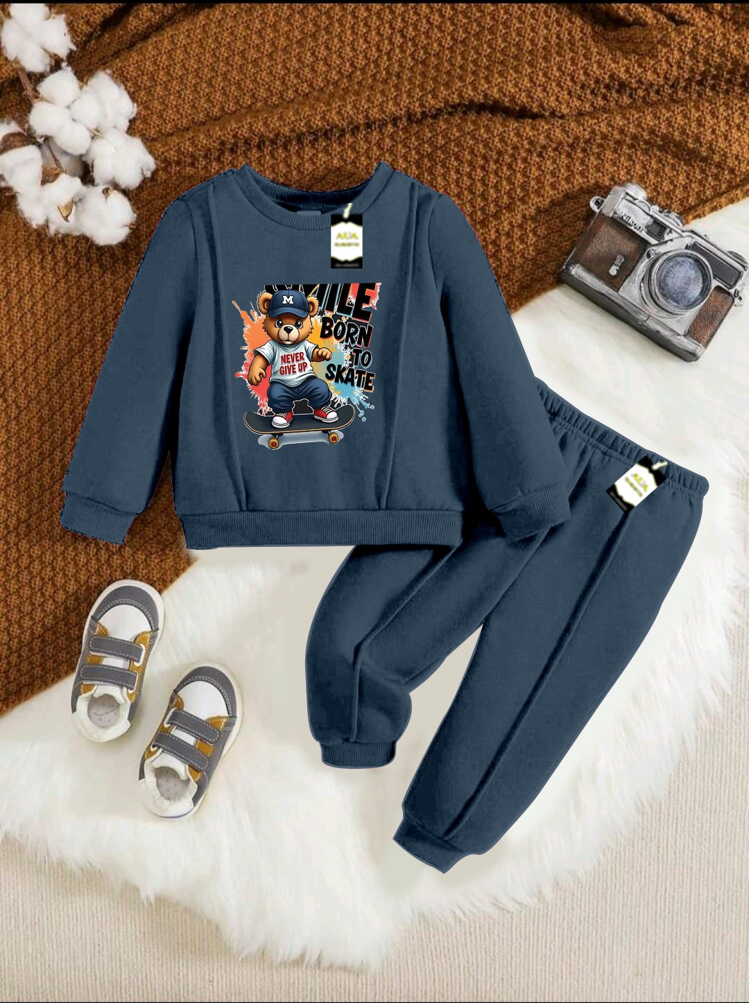 With Mix Print Sweatshirt & Trouser Set | Kids Fleece Winter Outfit For Girls (1-10 Years)Smile In the born