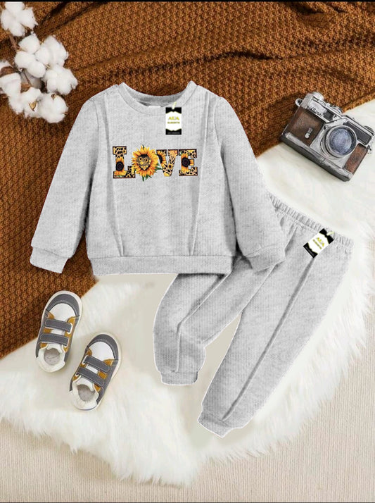 With Mix Print Sweatshirt & Trouser Set | Kids Fleece Winter Outfit For Girls (1-10 Years)Flower Love