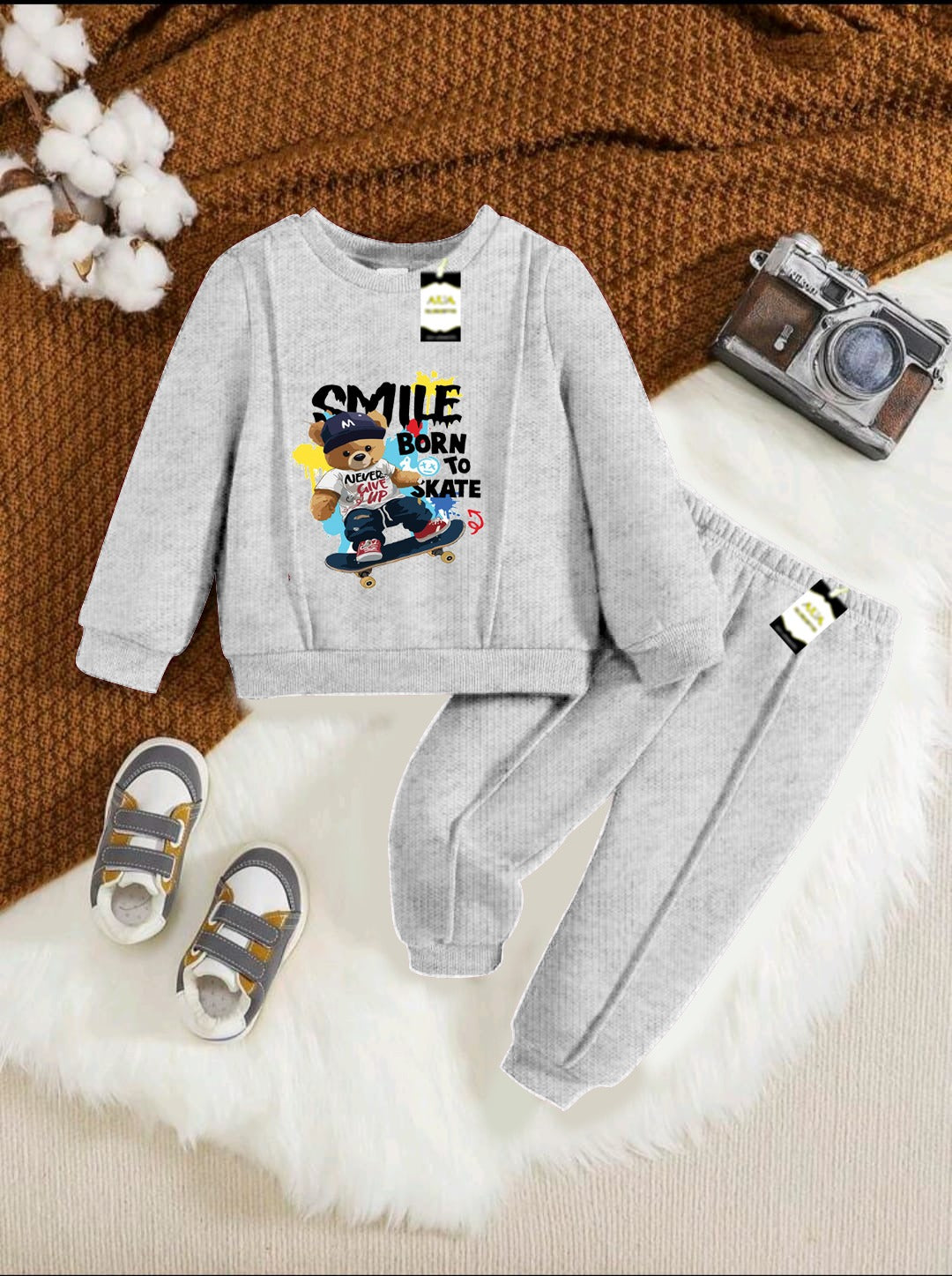 With Mix Print Sweatshirt & Trouser Set | Kids Fleece Winter Outfit For Girls (1-10 Years)Smile In the born