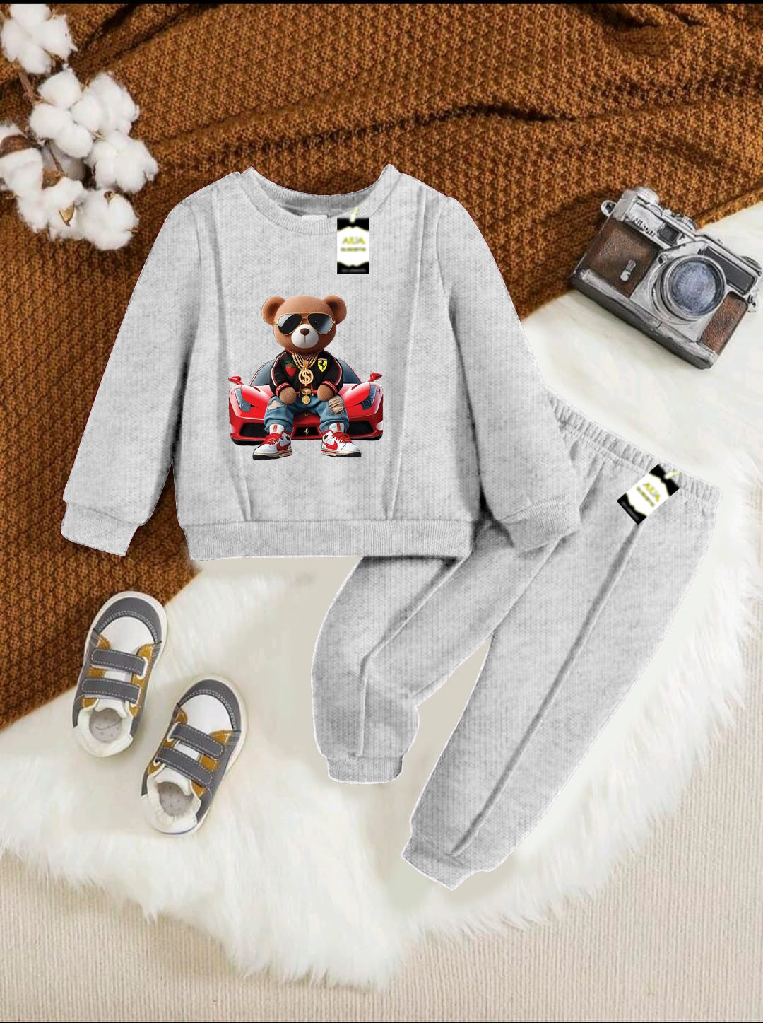 With Mix Print Sweatshirt & Trouser Set | Kids Fleece Winter Outfit For Girls (1-10 Years)Car With Bear