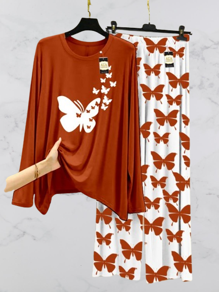 Beige Flying Butterflies Printed Nightwear Set with Butterfly Printed Trousers – Women's Lounge Wear (003)
